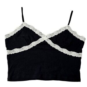 Stitch & Pine Womens XL Black Lace Trim Cami Top‎ Spaghetti Strap V-Neck Cropped